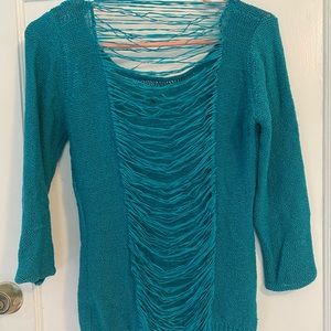 Shredded Back 3/4 length Teal Swoop Neck Sweater Top